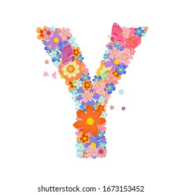colorful blossom of meadow flowers with butterflies and flying little floral. capital letter y