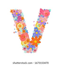 colorful blossom of meadow flowers with butterflies and flying little floral. capital letter v