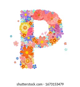 colorful blossom of meadow flowers with butterflies and flying little floral. capital letter p