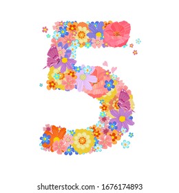 colorful blossom of meadow flowers with butterflies and flying little floral. font number five