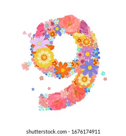 colorful blossom of meadow flowers with butterflies and flying little floral. font number nine