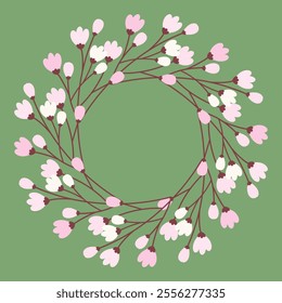 Colorful Blossom twigs in trendy spring shades Circle frame on green backdrop. Copy space Template