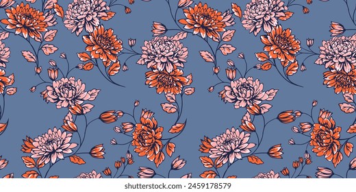Colorful blossoms wild floral stems seamless pattern on a blue background. Vector hand drawn. Artistic, abstract flowers and tiny leaves, buds printing. Template for designs, fabric, fashion