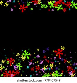 Colorful blots on a black background. Abstraction with blots. Colorful confetti. A scattering of blots. Colorful flowers. Spring. A scattering of confetti. Placer from the flowers.