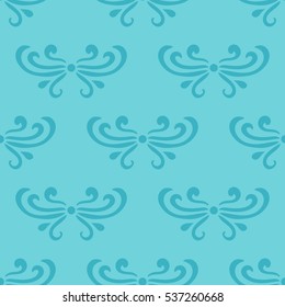 Colorful blue abstract damask seamless pattern of curls in retro style. Floral vintage background. Art nouveau style design. Vector illustration.