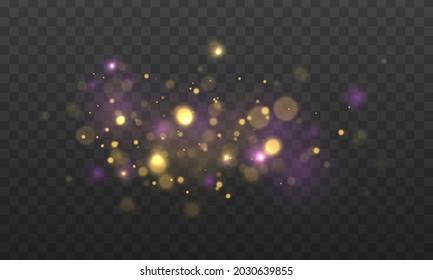 Colorful blue bokeh effect. Christmas abstract pattern. Festive purple and golden luminous background with golden colorful lights bokeh. Purple fireworks explosion dust vector. 