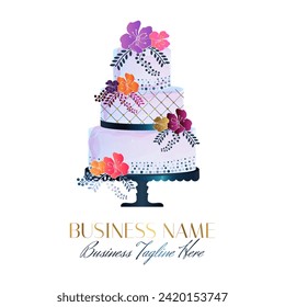 Colorful Blue Cake Logo Design with Bright Flowers