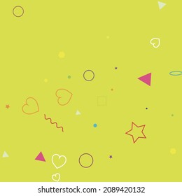 Colorful Blue Circle Hearts Rectangle Yellow Wave Hipster Background. Purple Square Bright Violet Ring Multicolor Geometrical Design. Green Lime Stars Polygonal Simple Zigzag Pink Background.