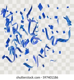 Colorful blue confetti. Vector festive illustration of falling shiny confetti isolated on transparent checkered background. Holiday decorative tinsel element for design