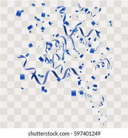 Colorful blue confetti. Vector festive illustration of falling shiny confetti isolated on transparent checkered background. Holiday decorative tinsel element for design