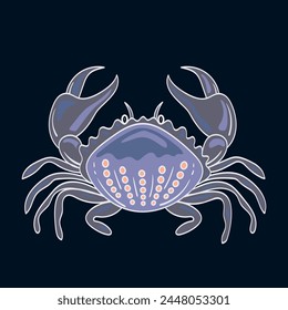 Bunte blaue Krabbe. Vektorillustration. Meereskreatur im Zeichentrickdesign. Shellkrabben-Symbol auf schwarzem Hintergrund isoliert. Wassertier mit Krallen