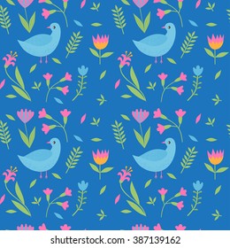 Colorful blue cute floral seamless pattern with birds, leaves and flowers vector