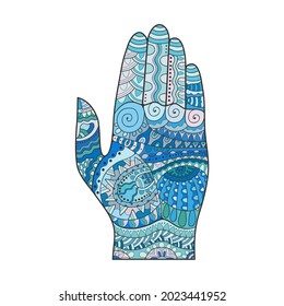 Colorful blue doodle hand, line art. Ornament coloring book for adults. Pattern for coloring page, design for spiritual relaxation. Hand drawn tattooed arm. Patterned design.