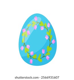 colorful blue Easter egg, with green leaves, and flowers. hand drawn. vector