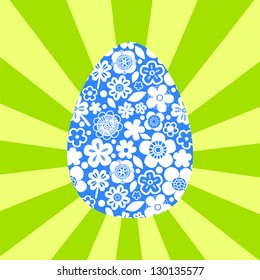 Colorful blue easter egg on sun rays background greeting card, vector