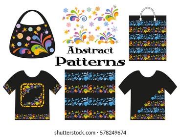 Colorful and Blue Floral Backgrounds, Stars and Spirals on Black, Presented in Tank Top, Shopping Bag and Handbag with Abstract Seamless Patterns. Vector