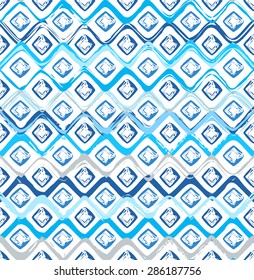 Colorful blue geometric seamless pattern. Abstract background with hand drawn stripes and squares. Vector watercolor background.