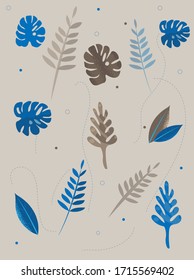 Colorful blue and gray tropical leaves with dotted lines on background. Vector