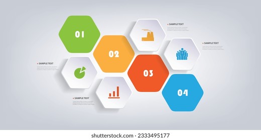 Colorido - Azul, Verde, Naranja y Rojo - Estilo moderno Diseño de Infografías Vectoras Creativas - Conjunto de Formas Geométricas Mínimalistas Numeradas, Mosaico de Hexagons Redondo con Iconos