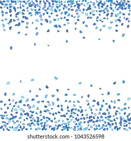 Colorful blue hearts frame on white background. Cyan heart confetti. Vector illustration for print, textile, paper.