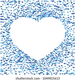 Colorful blue hearts frame on white background. Cyan heart confetti with shape of heart. Vector illustration for print, textile, paper.