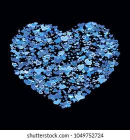 Colorful blue hearts on black background. Cyan confetti in the shape of heart. Vector illustration for print, textile, paper.