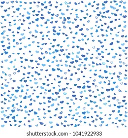 Colorful blue hearts on white background. Scattered cyan heart confetti pattern. Vector illustration for print, textile, paper.