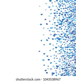 Colorful blue hearts on white background. Scattered cyan heart confetti. Vector illustration for print, textile, paper.