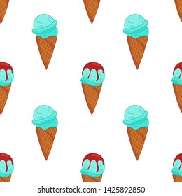 Colorful blue ice cream pattern on white background. Summer card design. Vector cartoon illustration.