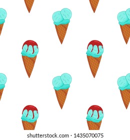 Colorful blue ice cream pattern on white background. Summer card design. Vector cartoon illustration.