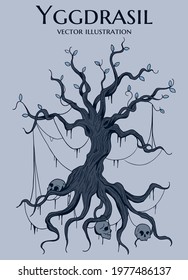 colorful blue illustration of Yggdrasil world tree from scandinavian mythology