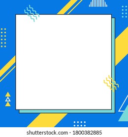 Colorful blue memphis style square frame. Abstract creative background. Template for advertising or banner with copy space for text. Modern graphic design illustration.