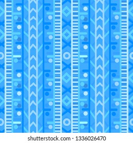 colorful blue monochrome decorated ethnic seamless pattern tile with stripes, diamonds , symbols and circles. for textile, fabric, wallpaper, background, backdrops and creative surface design template