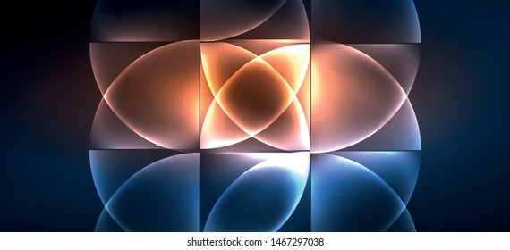 Colorful blue neon shape round triangle in modern style on light background. Dark space, futuristic technology template. Led neon lamp. Glowing blue neon effect.