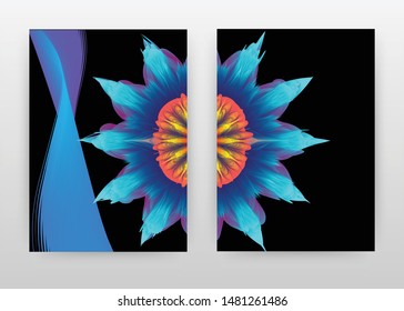 Colorful blue, orange flower petal design for annual report, brochure, flyer, poster. Floral black background vector illustration for flyer, leaflet, poster. Business abstract A4 brochure template.