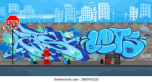 Colorful Blue Outdoor Urban Streetart Graffiti Wall With Drawings Against The Background Of The Cityscape Vector Illustration