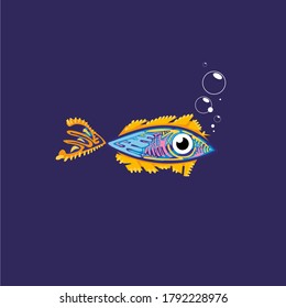 Colorful Blue Pink Fish With Bubbles And Big Eye And Golden Fin Vector Charater