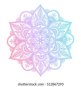 Colorful blue and pink flower mandala. Vintage decorative gradient element. Ornamental round doodle flower isolated on white background. Geometric circle element. Vector illustration.