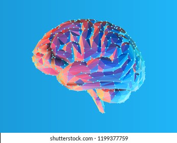 Colorful blue and pink low poly side view human brain illustration with connection dots isolated on bright blue background