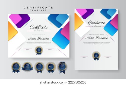 Colorful blue pink orange certificate of achievement template with gold badge and border