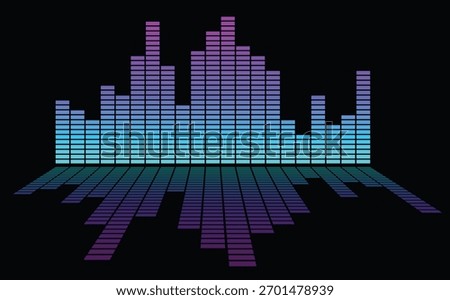 Colorful blue and purple equalizer bars glowing on black background create a vibrant digital soundwave design. Modern music spectrum illustration symbolizing rhythm, beat, and technology. Perfect abst