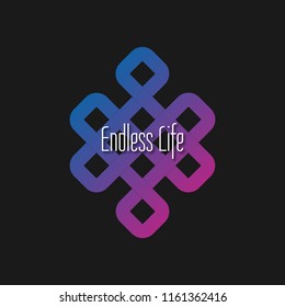 Colorful blue and purple gradient flat icon endless knot - Shrivatsa. Vector minimal logo and text - endless life- for Buddhist or medical Center, Yoga Studio, shop ,elegant boutique, beauty saloon