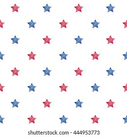 Colorful blue red and white stars seamless background. USA American flag colors pattern. National day holiday poster greeting card banner backdrop wrapping paper template.