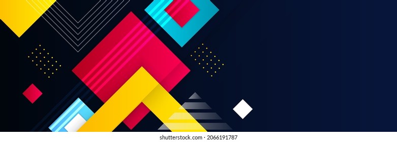 Colorful blue red and yellow glossy squares abstract tech banner design. Geometric vector background. Banner web design template dynamic pattern diagonal stripes line elements on blue background
