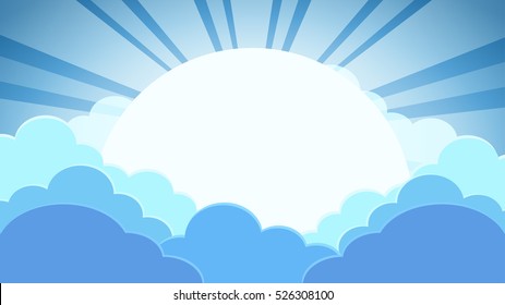 Colorful blue sky background with clouds and sun with rays