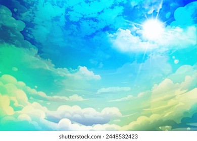 Un cielo azul colorido con una onda de nube en el medio. El cielo está lleno de diferentes colores y el relámpago es de fondo blanco