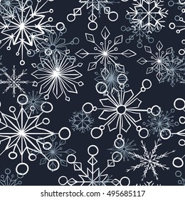 Colorful blue snowflake seamless pattern. Winter theme. Vector hand drawn illustration