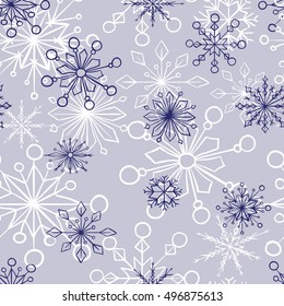 Colorful blue snowflake seamless pattern. Winter theme. Vector hand drawn illustration