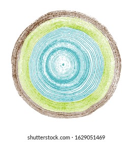 Colorful Blue Teal Green Brown Wood Texture Stamp. Detailed Tree Ring Design. Rough Organic Tree Rings With Close Up Of End Grain.