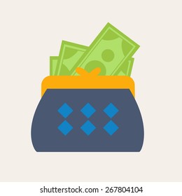 Colorful blue wallet or purse with banknotes in a financial, earnings, spending and monetary concept, vector illustration